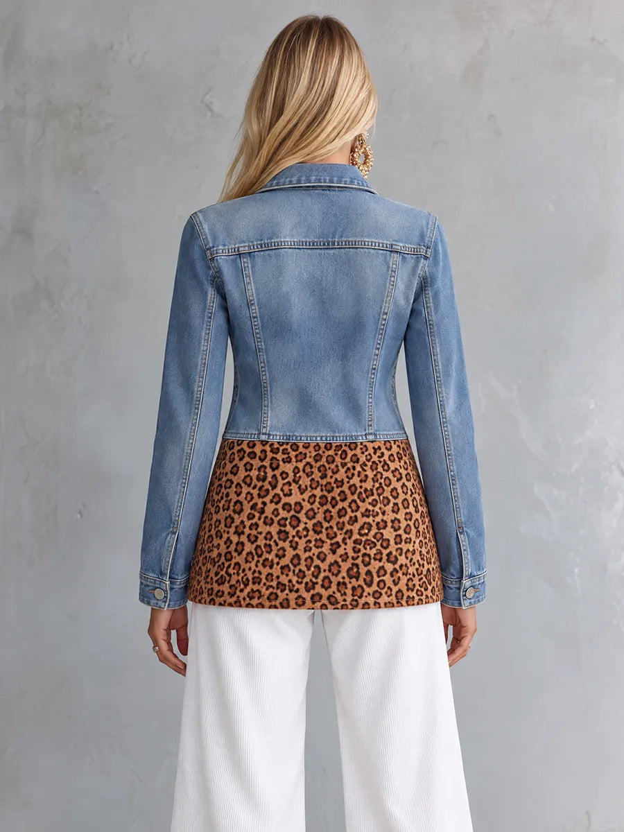 Leopard Patchwork Longline Denim Jacket