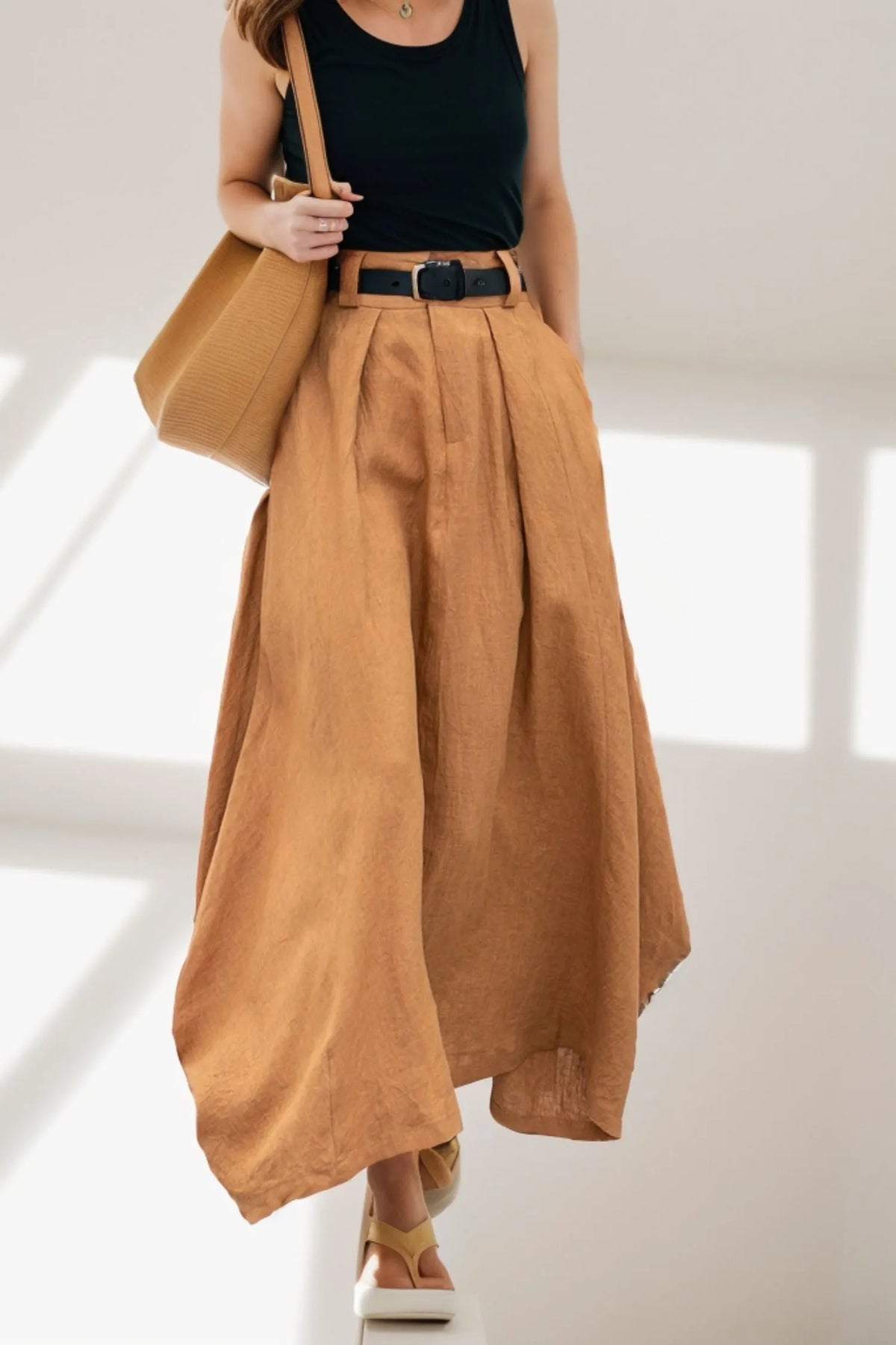 Handmade Linen Maxi Skirt – Camel High Waist A-Line Skirt with Pockets 