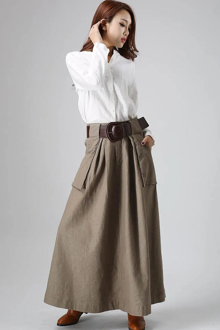 Khaki Linen Maxi Skirt – Vintage High Waist Long Skirt with Large Pockets 0820