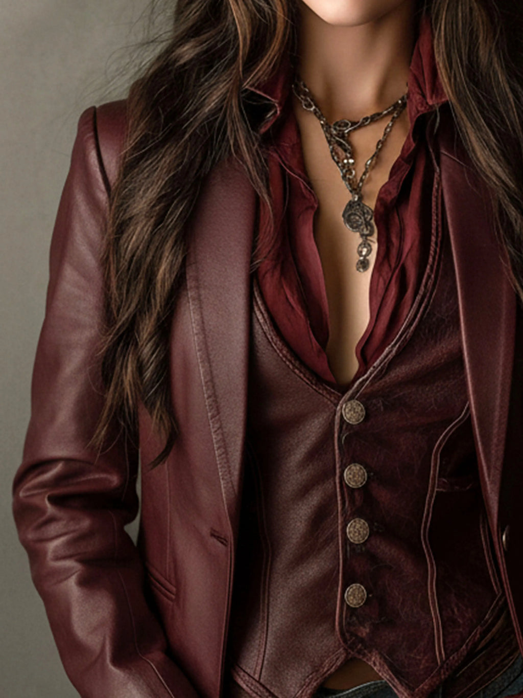 Vintage Burgundy Eco Leather Blazer