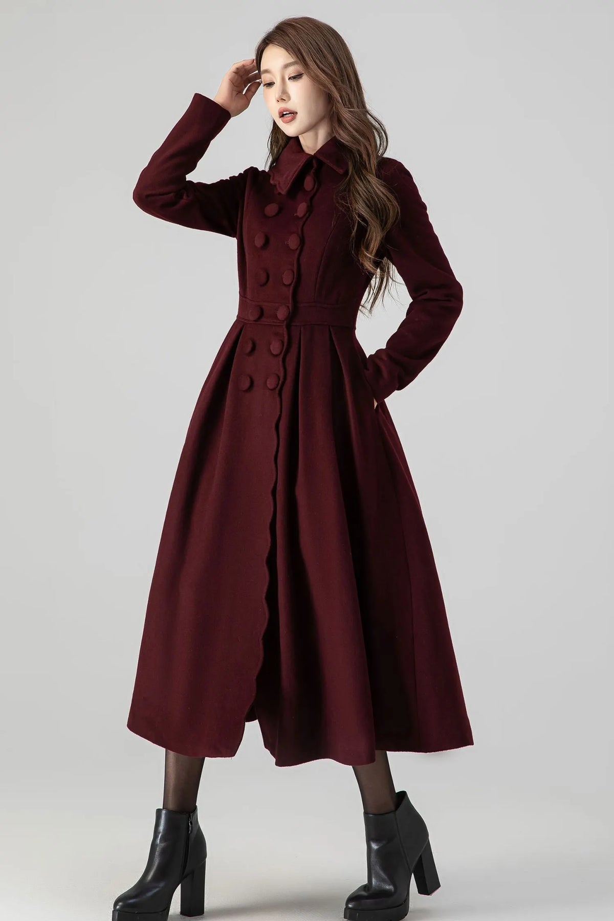 Handmade Burgundy Wool Coat – Vintage Princess Winter Maxi Overcoat 4517
