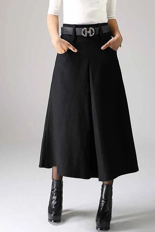 Black Wool Midi Skirt - High-Waisted A-Line Culotte with Belt 1084