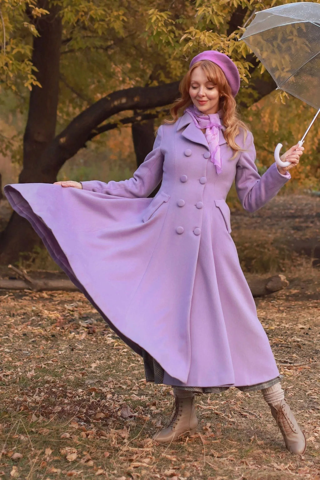 Lilac Wool Coat - Double Breasted, Mid-Calf Elegant Outerwear 3215