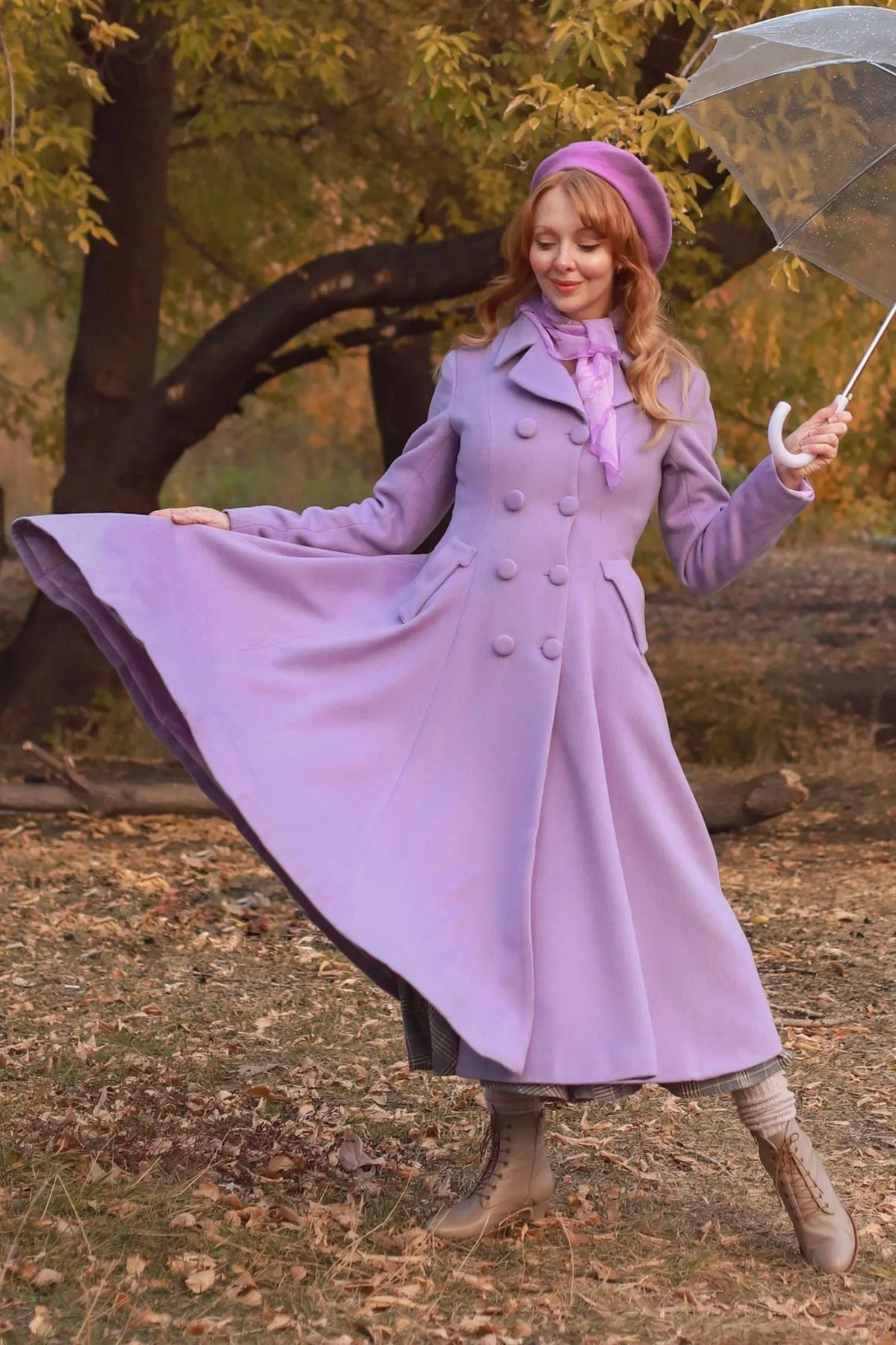Lilac Wool Coat - Double Breasted, Mid-Calf Elegant Outerwear 3215