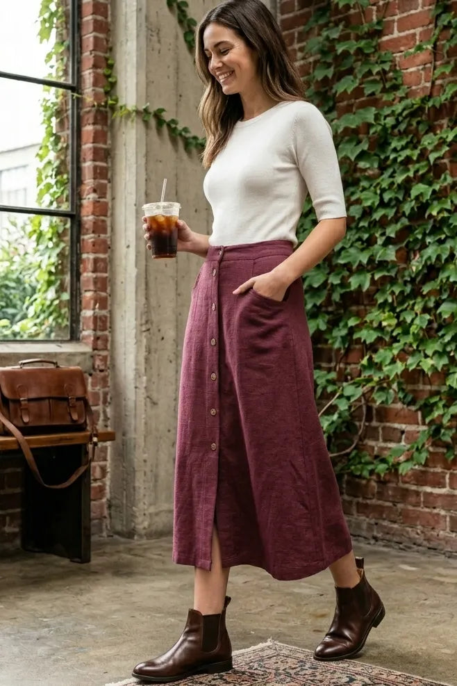 Wine Red Linen Midi Skirt - Button Front Fitted Waist 