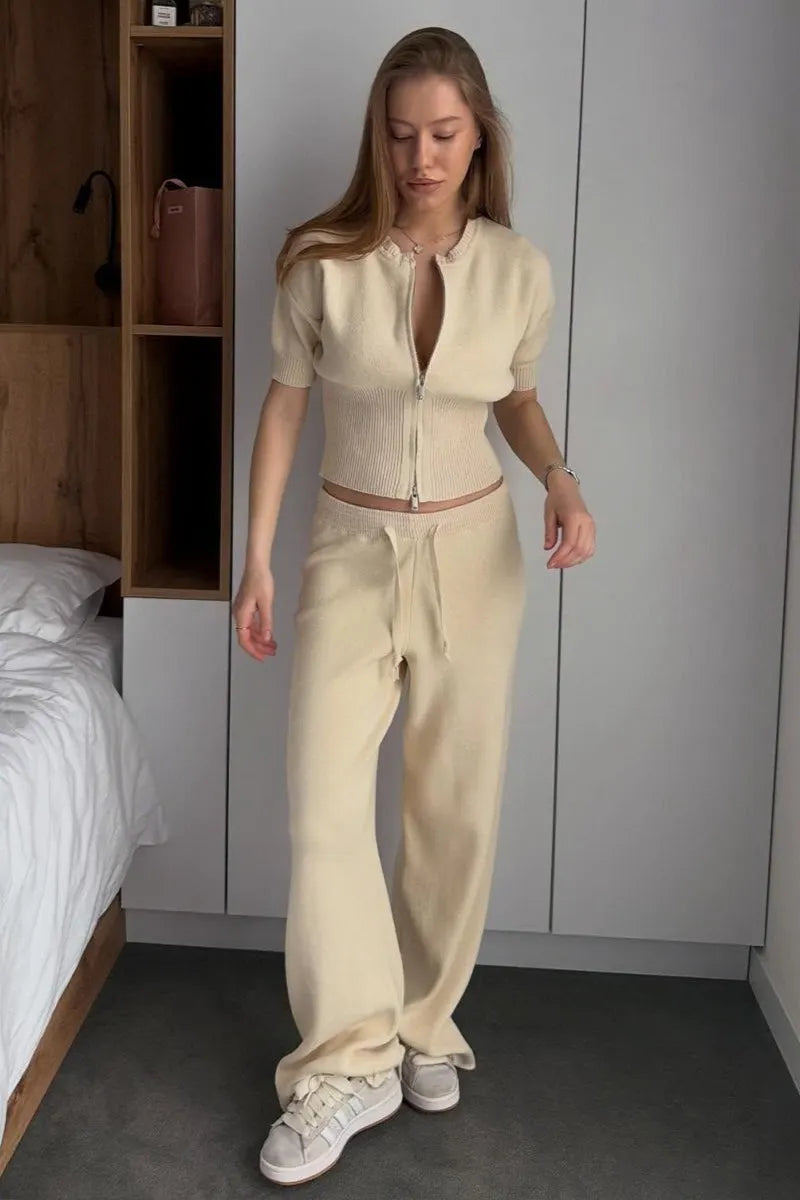 Cropped Zip Knit Top Wide Leg Pants Set