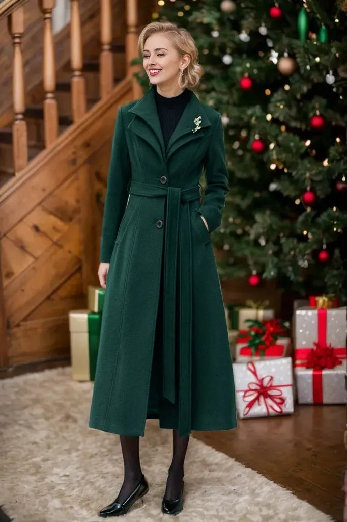 Wine Red Wool Midi Coat - Flared Silhouette with Waist Belt 5350
