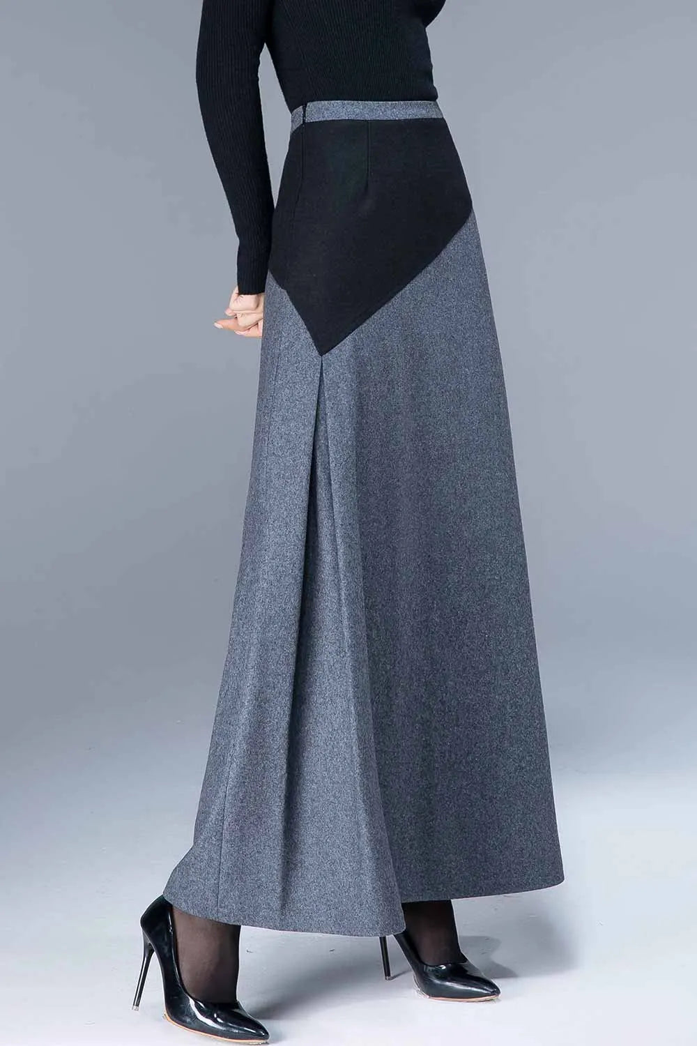 Gray Wool Maxi Skirt - Patchwork A-Line Silhouette 1795