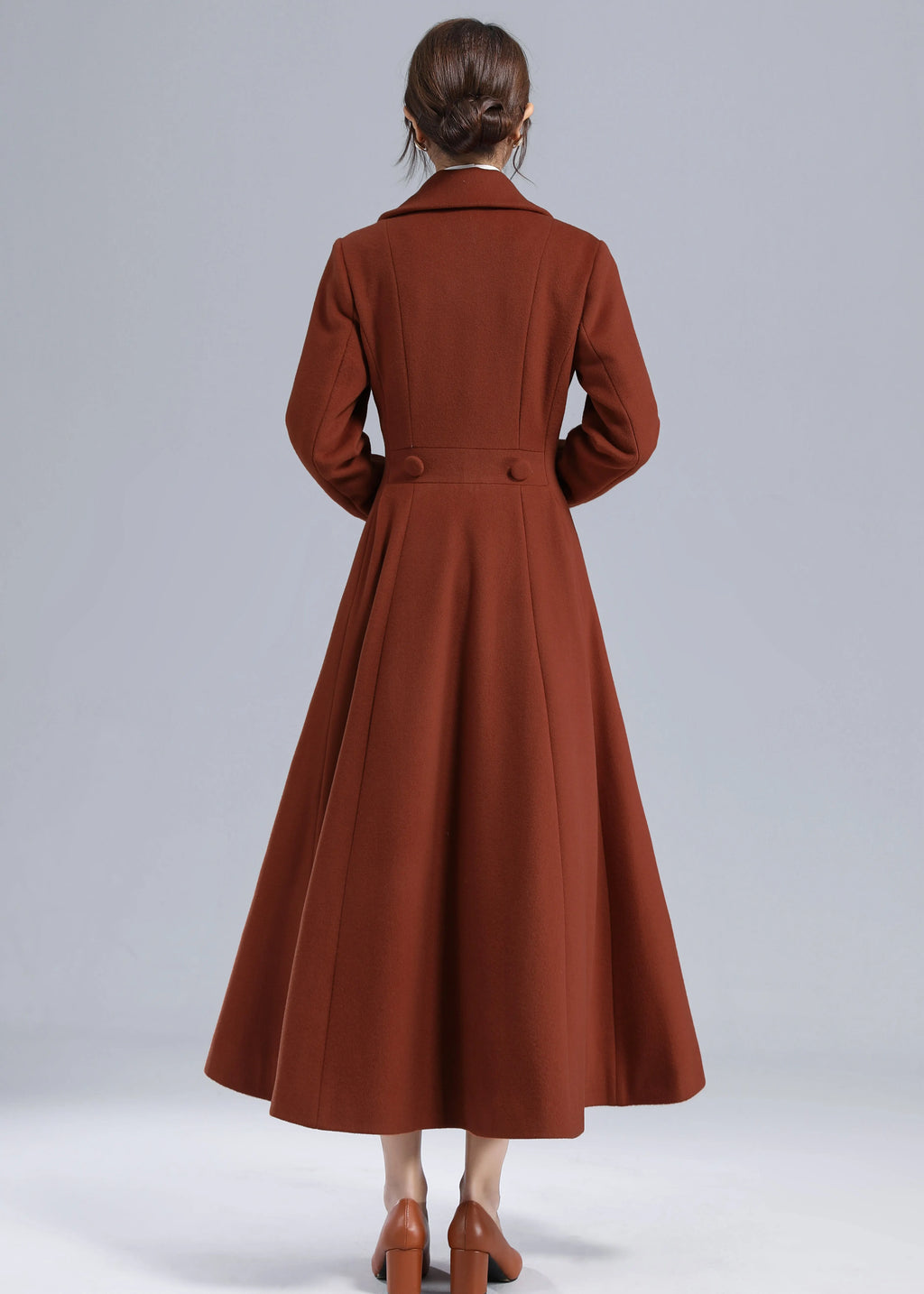Rust Red Wool Maxi Coat – Statement Double Breasted Swing Overcoat 5495