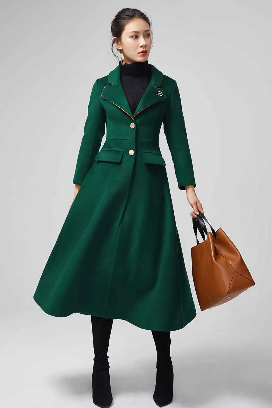 Emerald Green Wool Maxi Coat - Fitted Waist, Flowing Skirt 2202