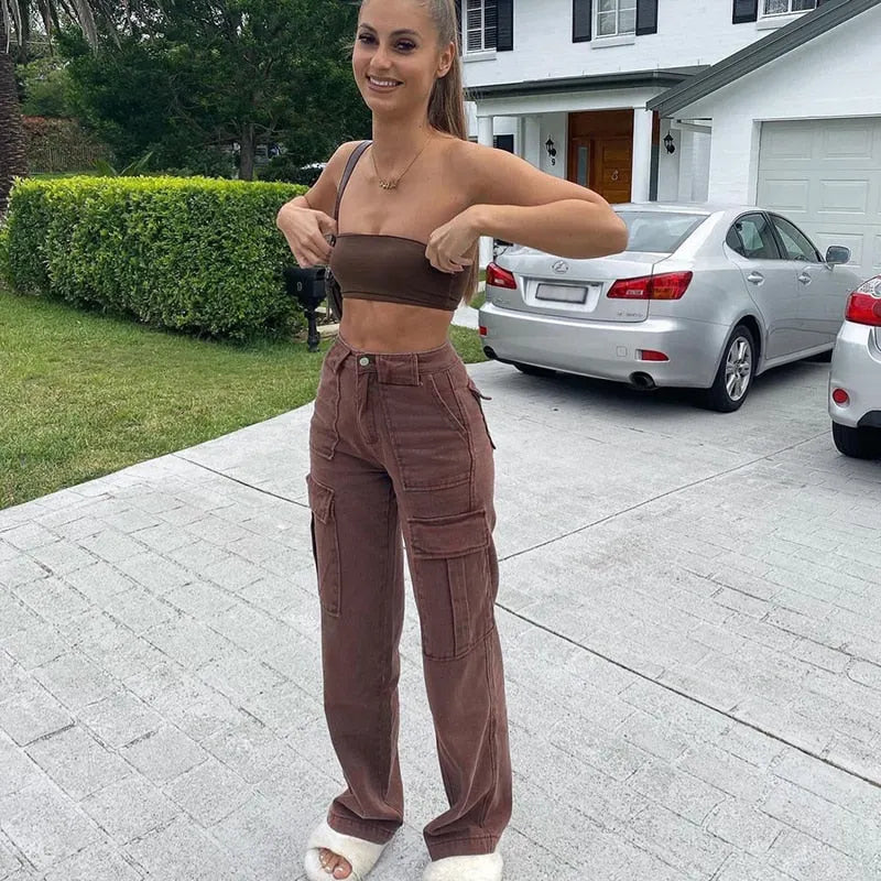KittenAlarm - Brown Vintage Baggy Jeans Women 90s Streetwear