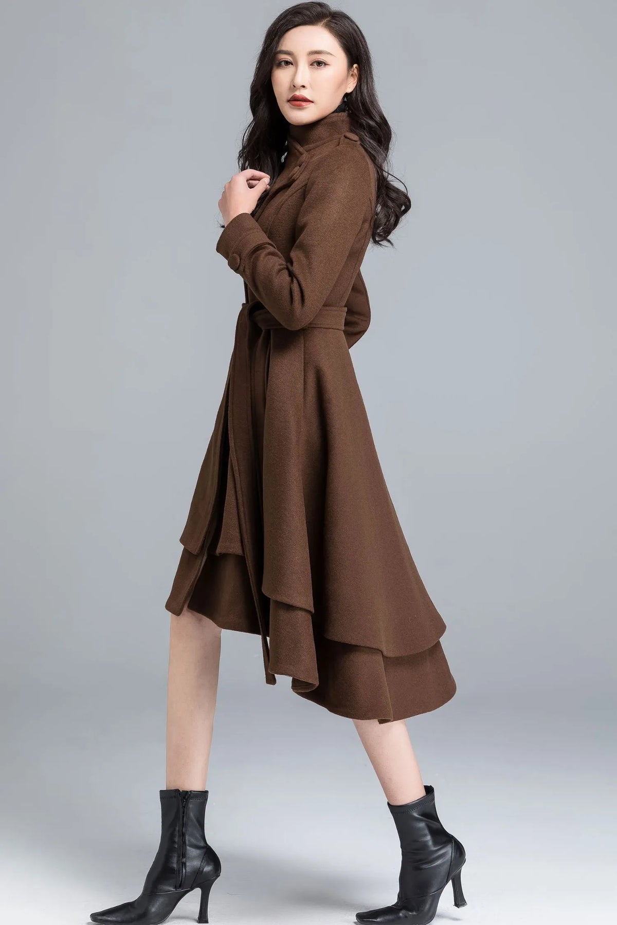 Brown Wool Coat - Asymmetrical Tiered Hem with Self Tie Belt c2491