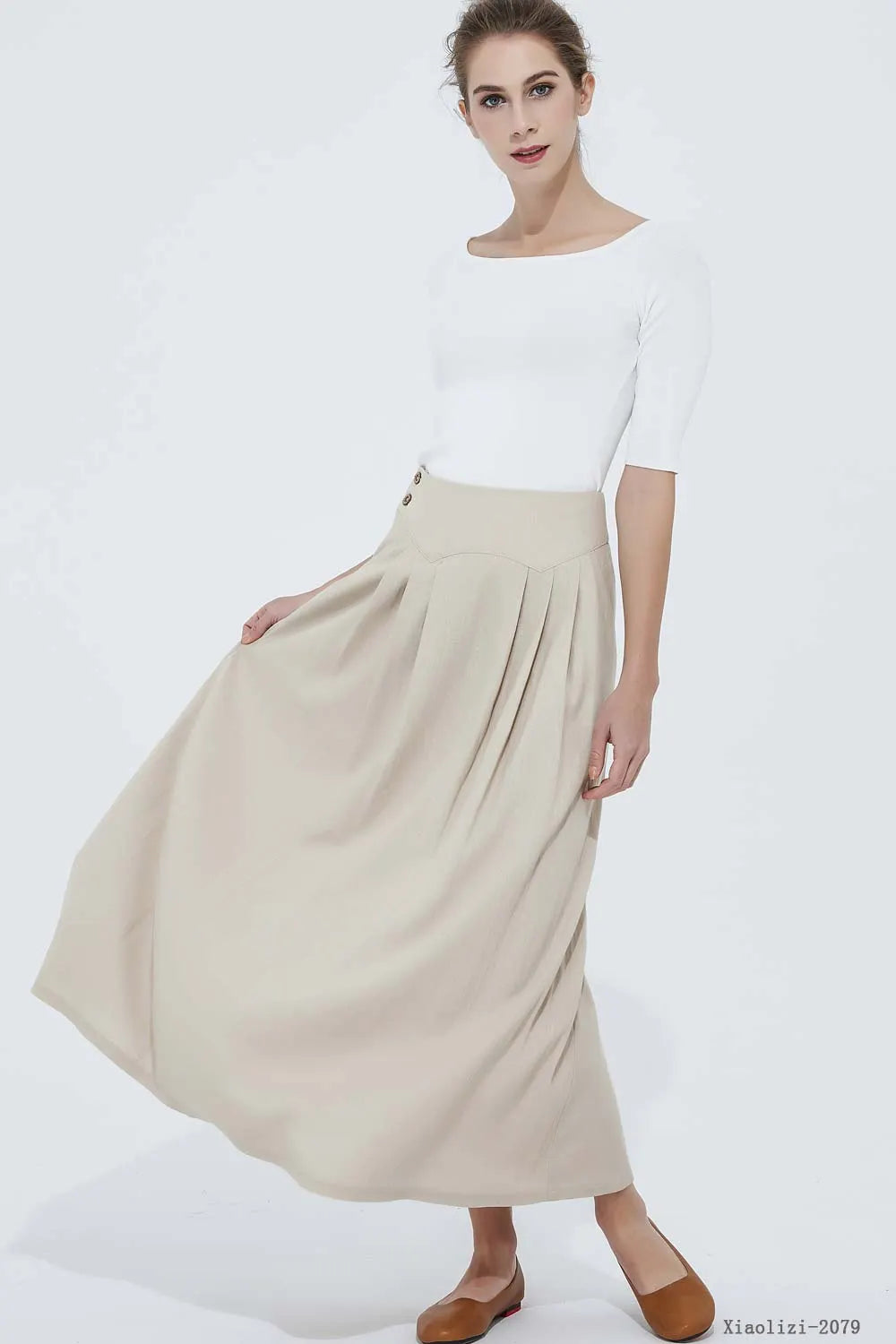 Beige Linen Blend A-Line Ankle Skirt - Pockets Fitted Waist 
