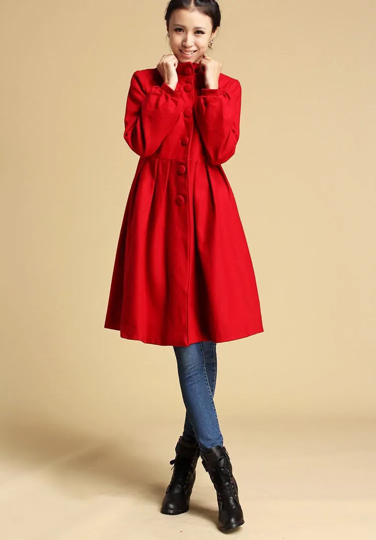 Red Wool Coat - Fit and Flare Winter Jacket with Button Front 328