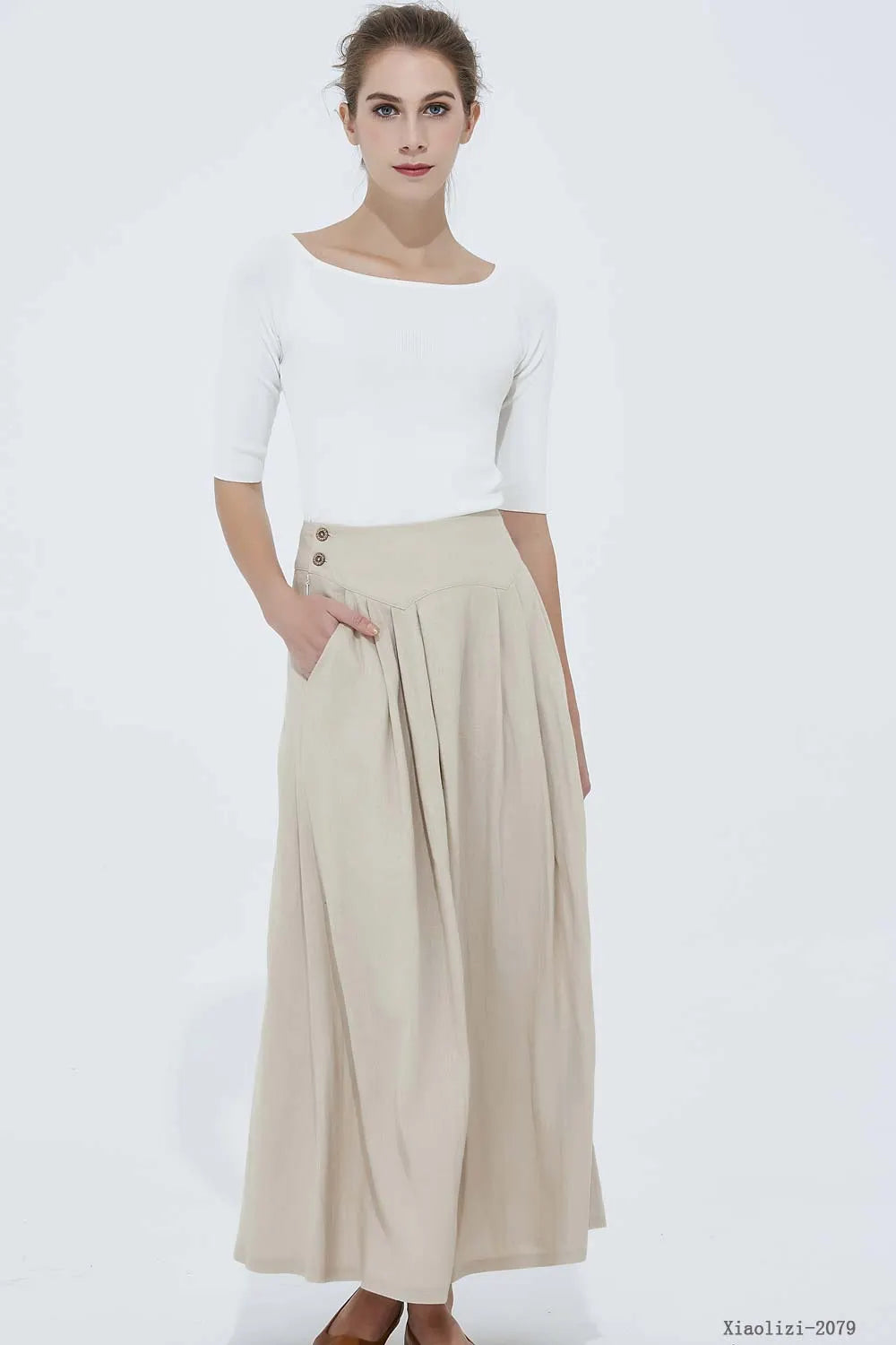 Beige Linen Blend A-Line Ankle Skirt - Pockets Fitted Waist 
