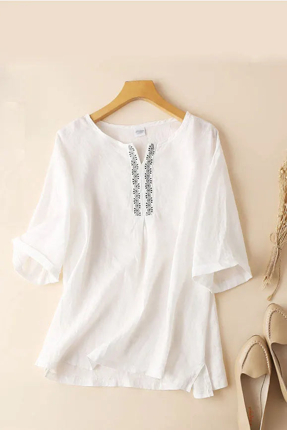 White Linen Tunic Top - Loose Fit Half Sleeve with Embroidered Detail J044
