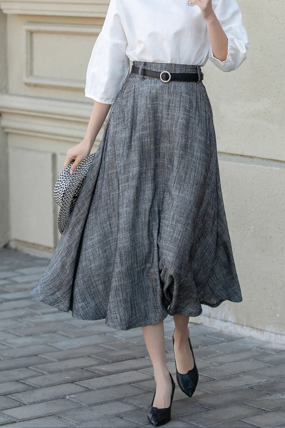 Handmade Gray Linen Skirt – Vintage A-Line Midi Skirt with Pockets 