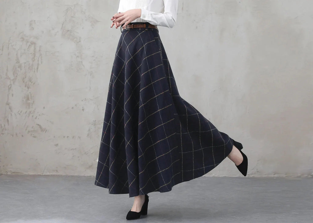 Blue Plaid Wool Blend A-Line Maxi Skirt - Vintage with Pockets 4001