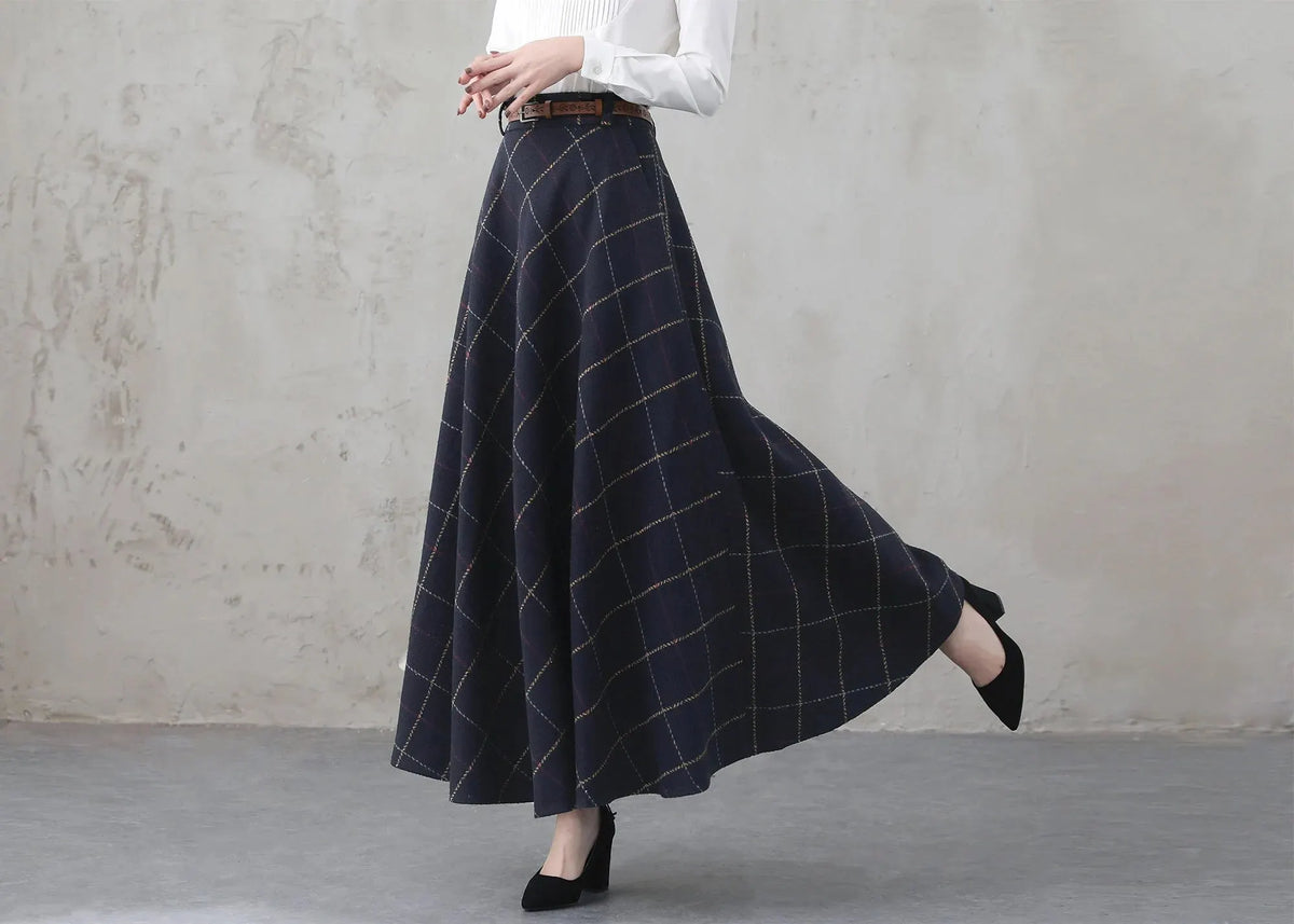 Blue Plaid Wool Blend A-Line Maxi Skirt - Vintage with Pockets 4001
