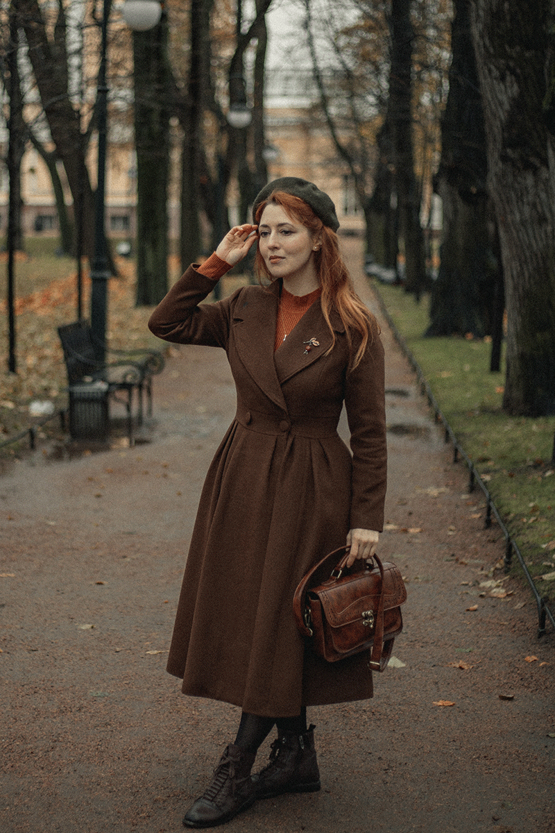 Brown Wool Blend Coat – Handmade Pleated Long Winter Dress Coat 