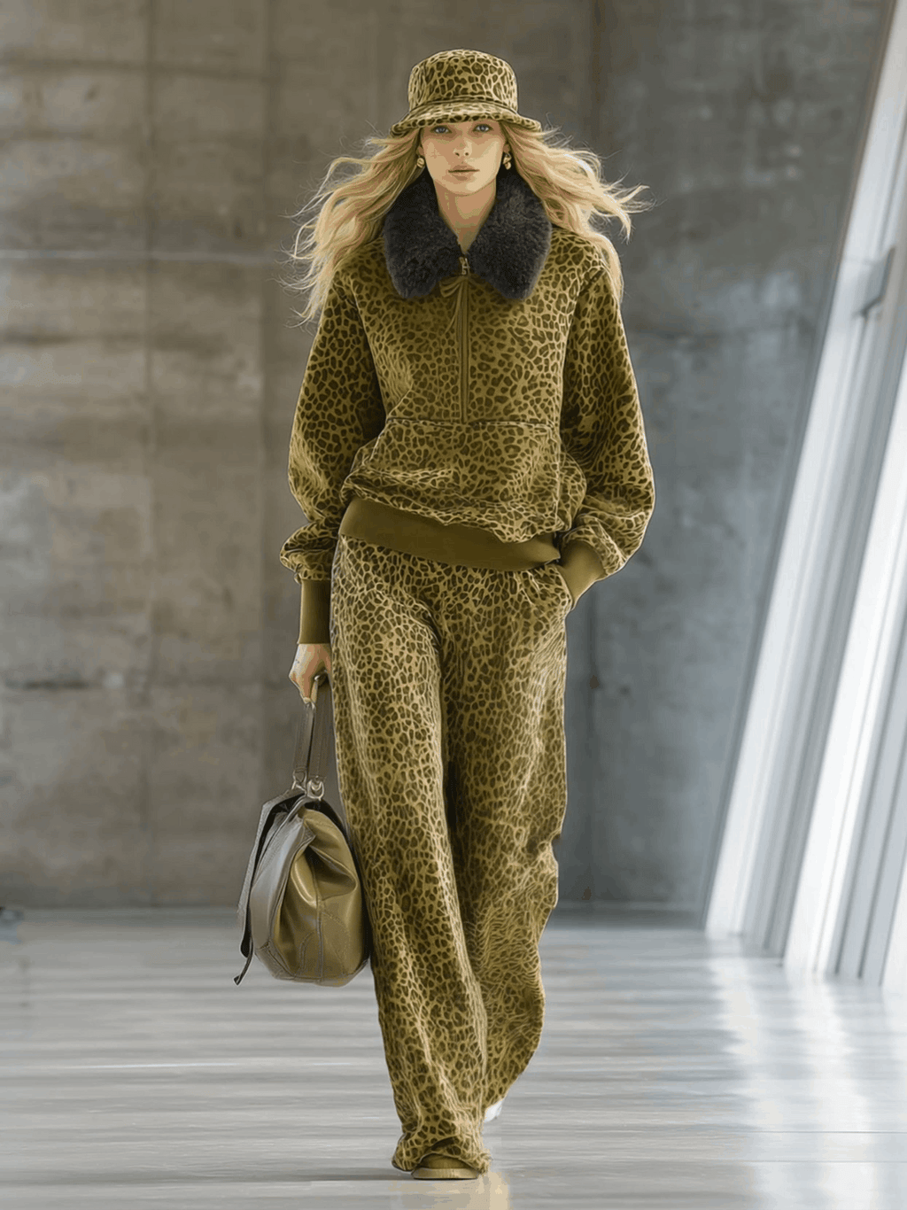 High-end Fashionable Leopard Print Velvet Faux Fur Collar Sweatshirt Wide-leg Pants Suit