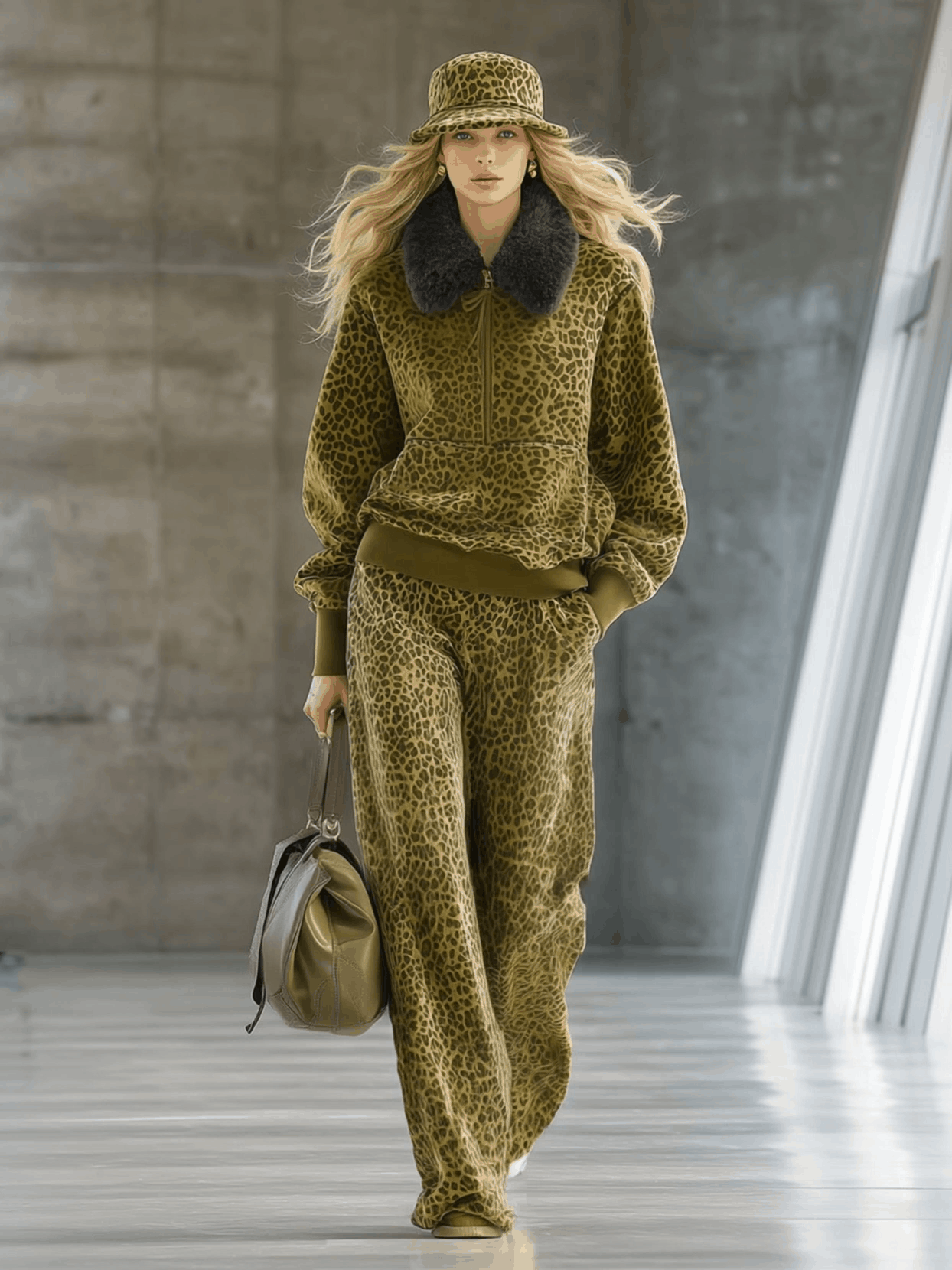 High-end Fashionable Leopard Print Velvet Faux Fur Collar Sweatshirt Wide-leg Pants Suit