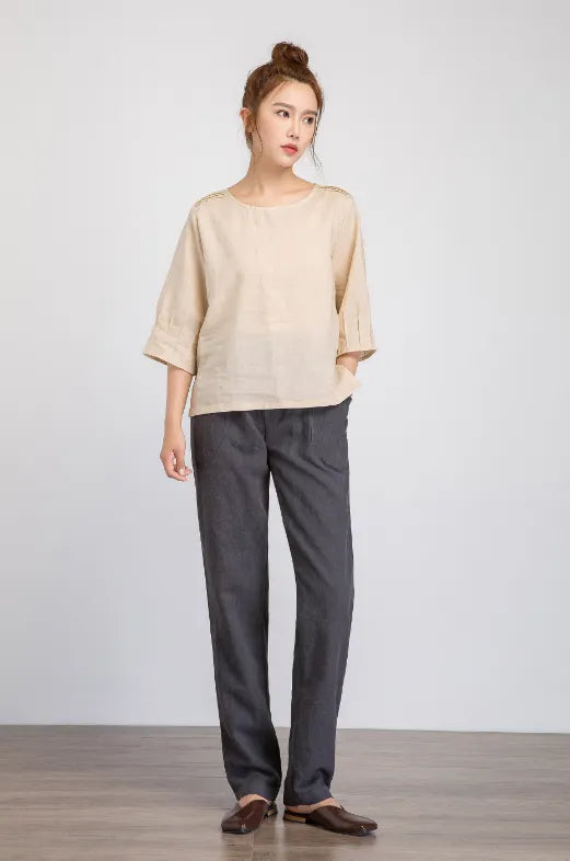 Beige Linen Blouse for Women – Pintuck Shoulder Top, 3/4 Sleeve Summer Shirt 1929