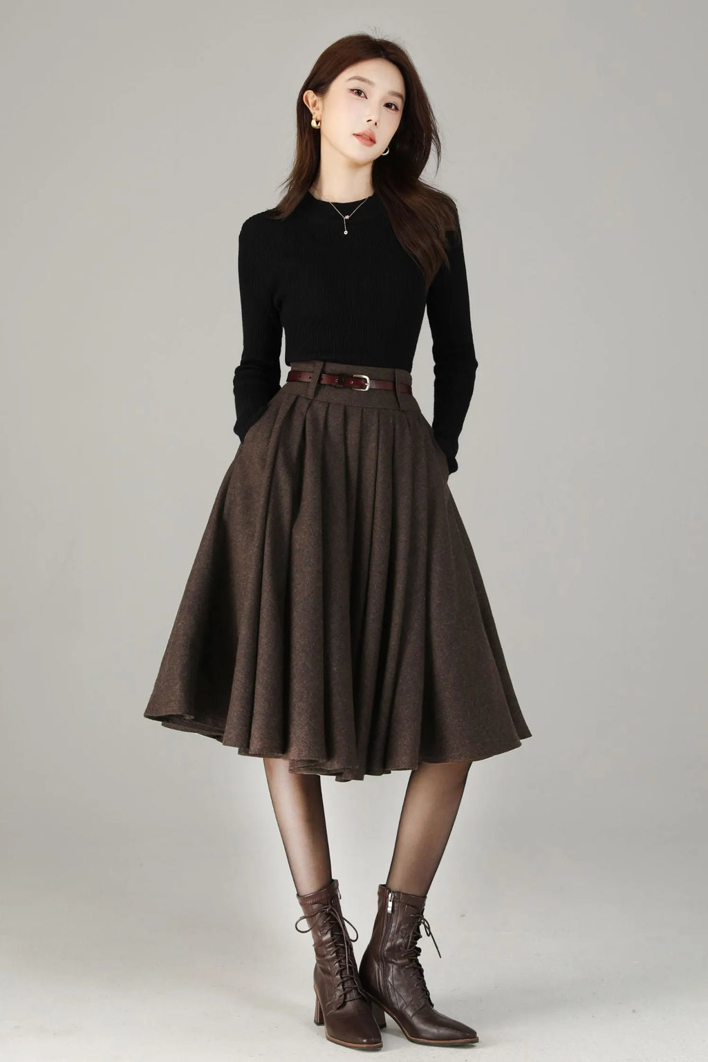 Vintage Wool Blend Circle Skirt – Handmade Knee Length Winter Skirt with Pockets 
