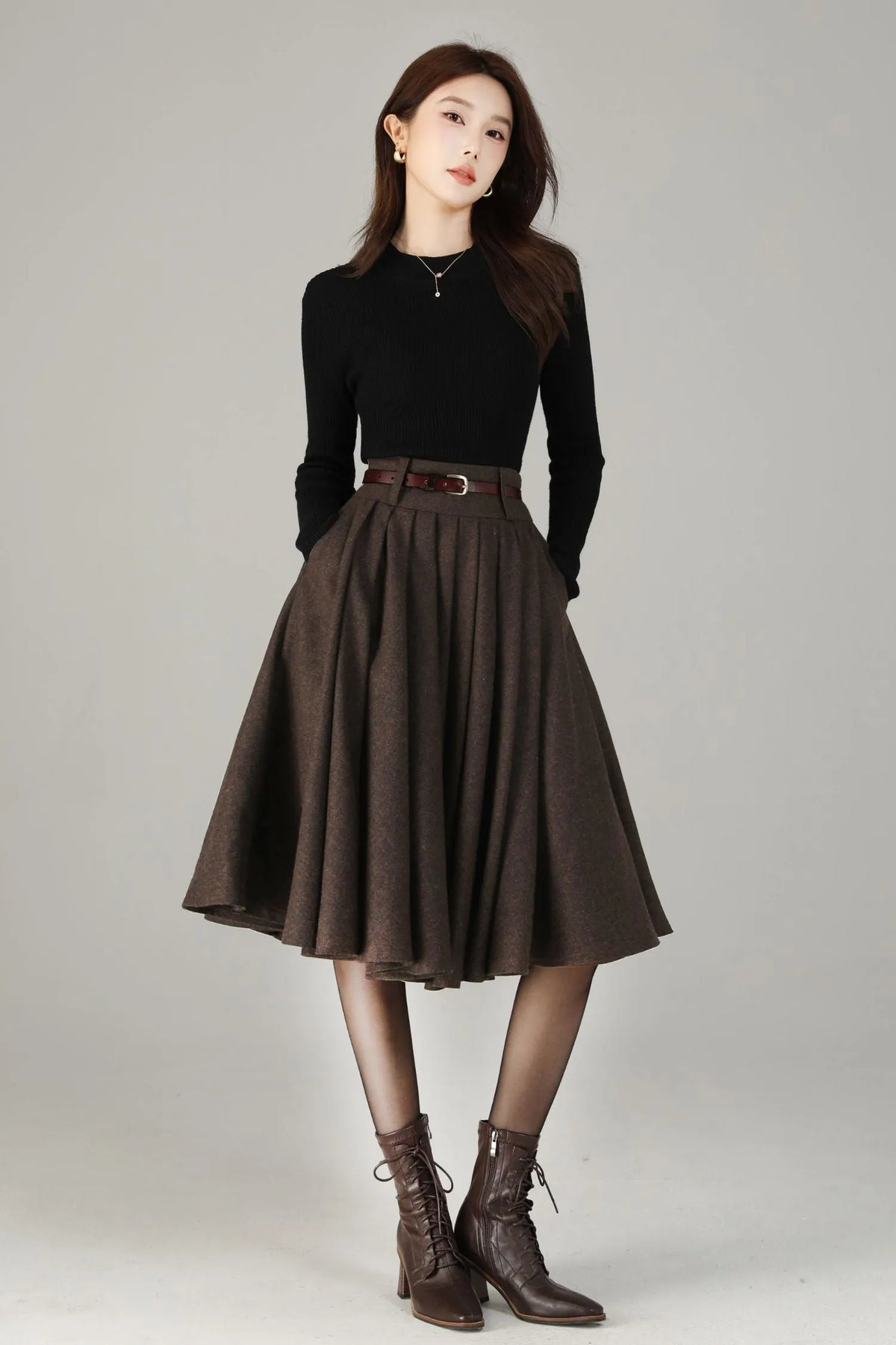 Vintage Wool Blend Circle Skirt – Handmade Knee Length Winter Skirt with Pockets 