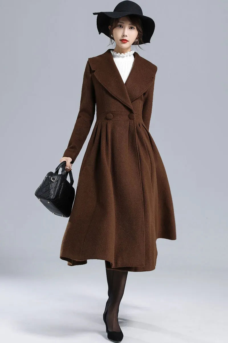 Vintage Princess Wool Coat – Handmade Brown Pleated Long Overcoat 