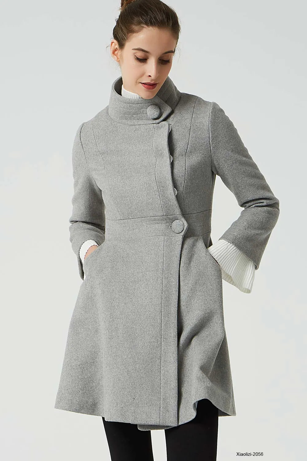Light Grey Wool Coat - Fitted Waist with Stand-Up Collar 2056
