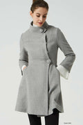 Light Grey Wool Coat - Fitted Waist with Stand-Up Collar 2056
