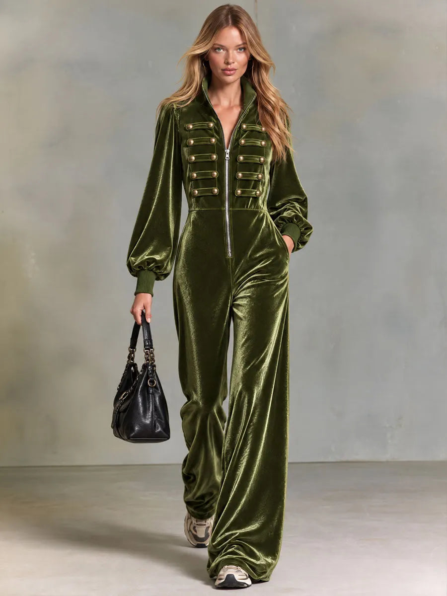 Retro Elegant Olive Green Velvet Military Gold-Button Stand-Collar Zip-Up Wide-Leg Jumpsuit