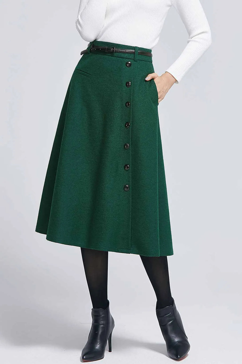 Dark Green Wool Blend Midi Skirt – Elegant Buttoned A-Line Skirt 