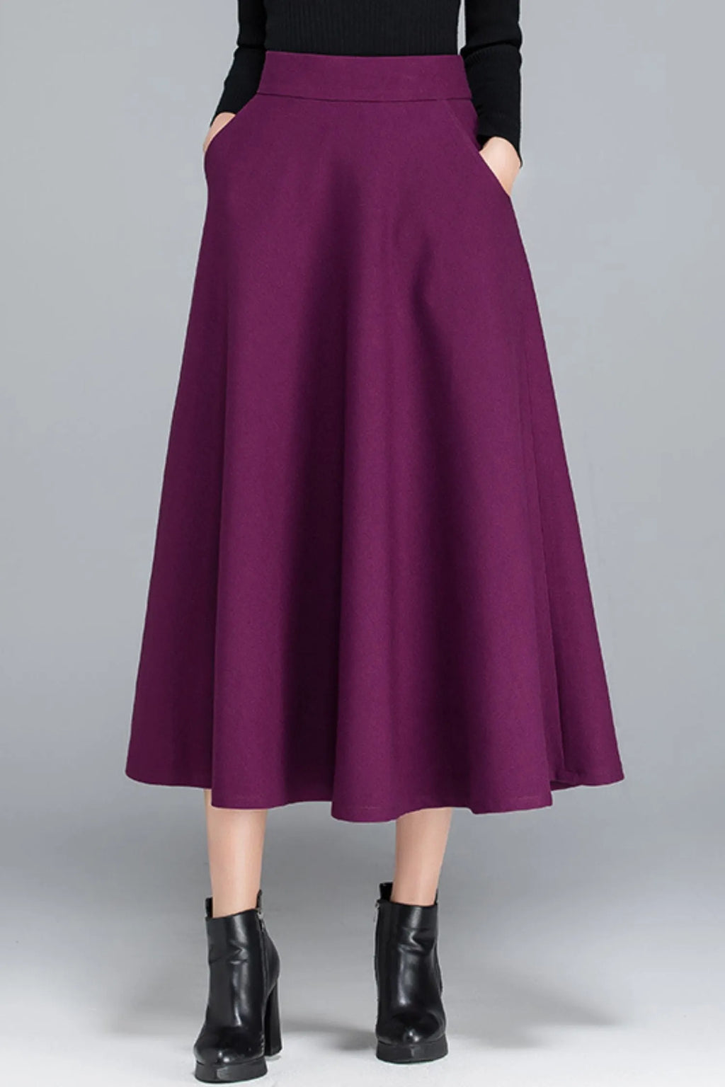 Polyester High Waist Midi Skirt - Pleated A-Line Lined 