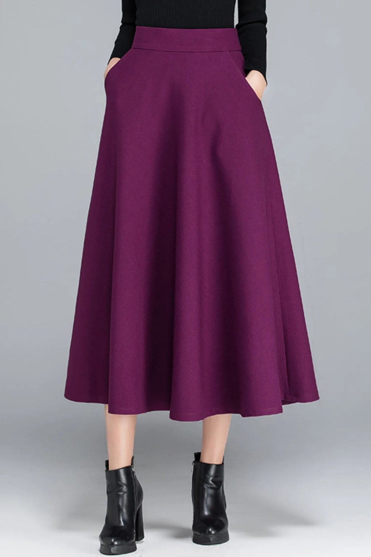 Polyester High Waist Midi Skirt - Pleated A-Line Lined 