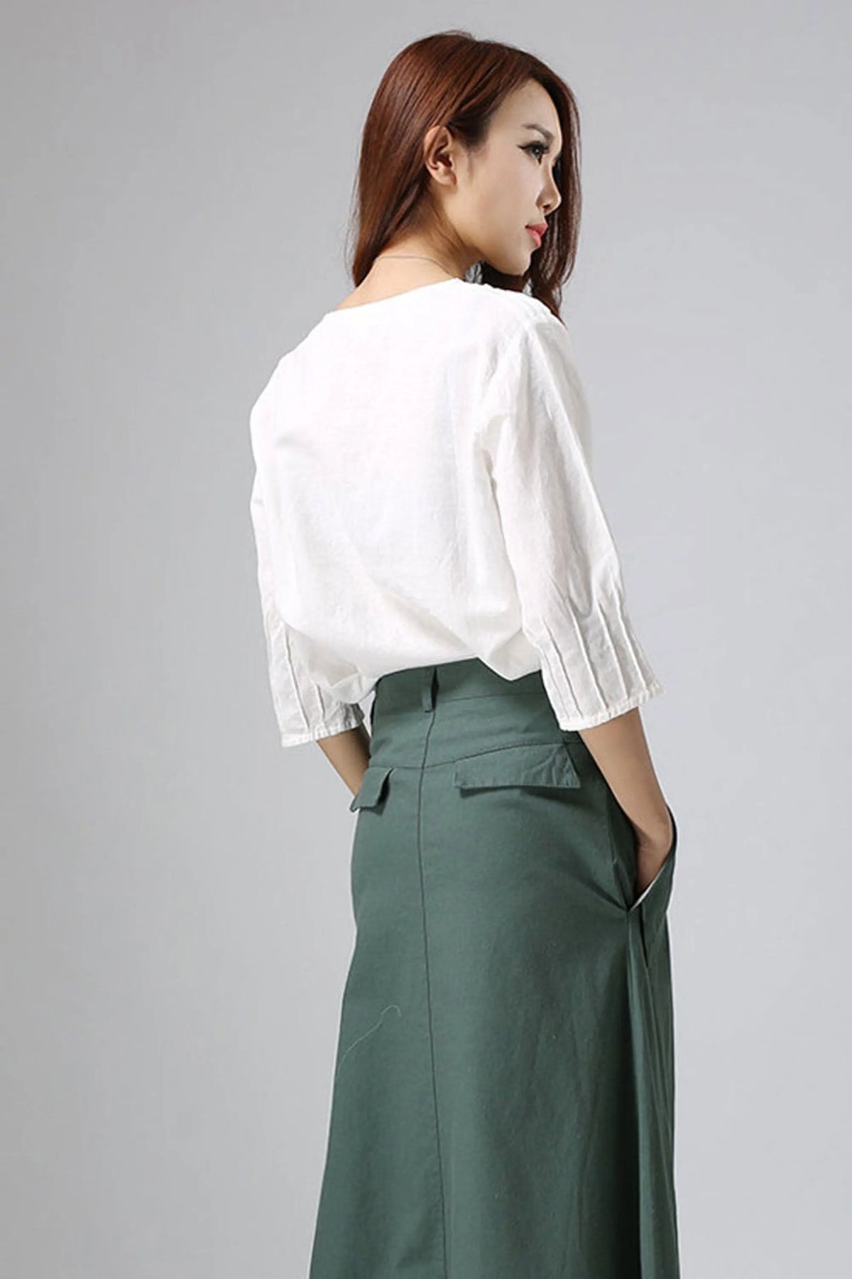 White Linen Cotton Blouse – Handmade Oversized 3/4 Sleeve Top 77711