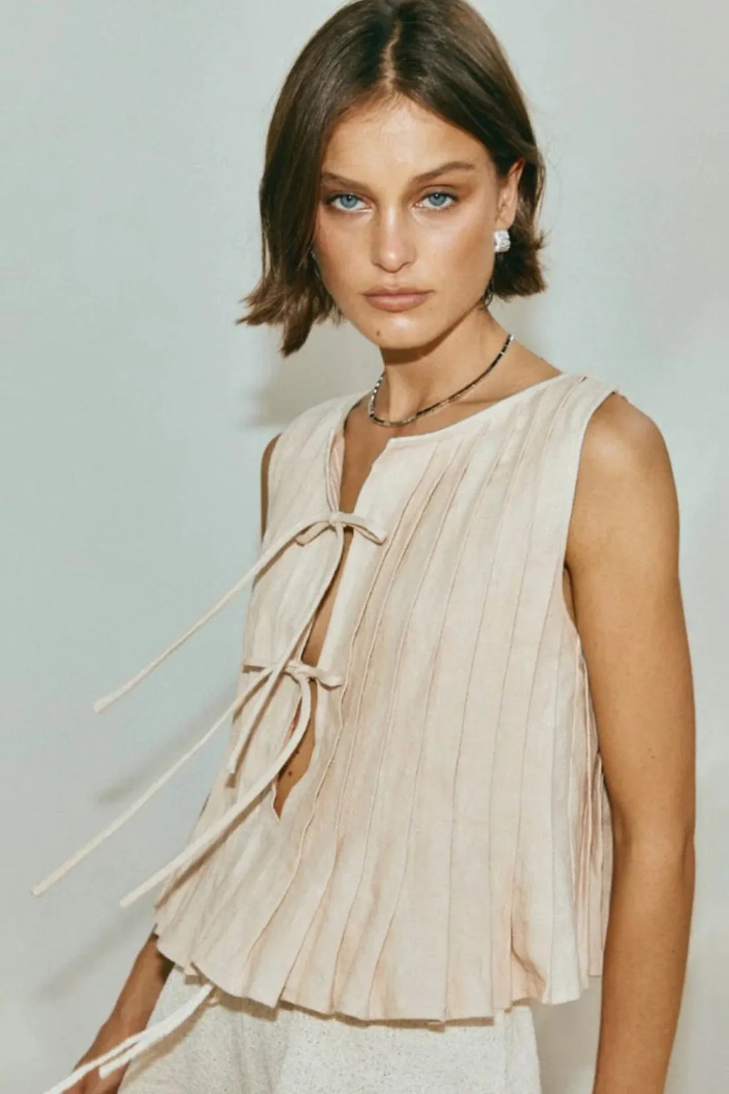 Solid Ruffled Tie Linen Cotton Shirt Tank Top