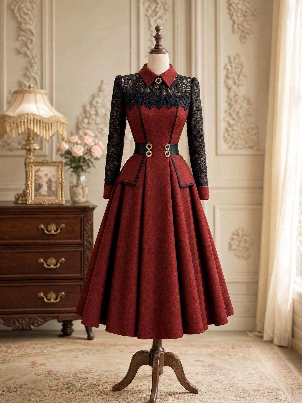 Vintage Lace Collar Wine Red Midi Dress