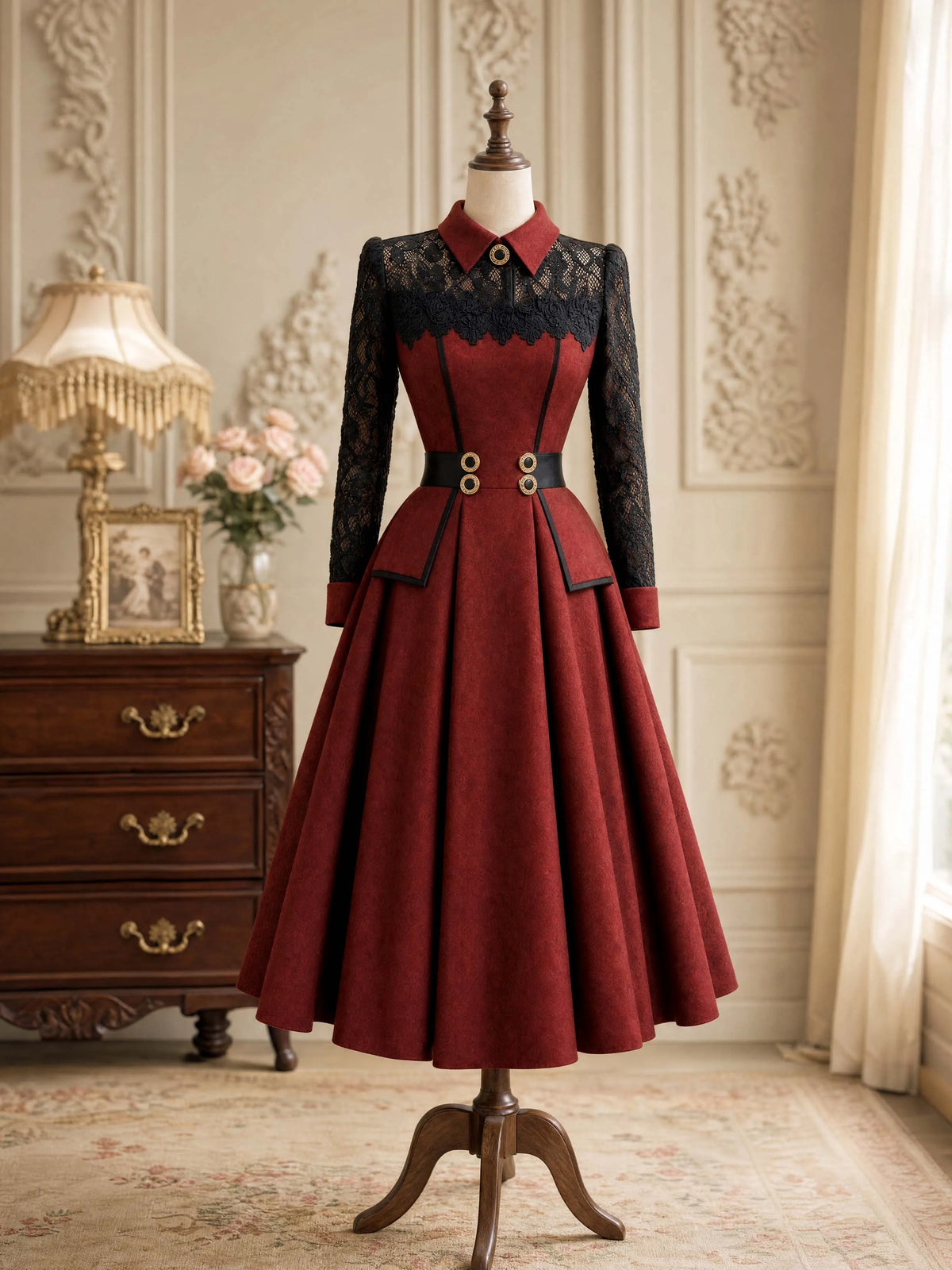 Vintage Lace Collar Wine Red Midi Dress