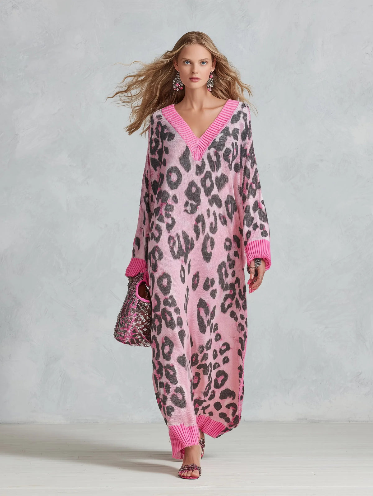 Stylish Loose-Fit Pink Leopard-Print V-Neck Knitted Maxi Dress