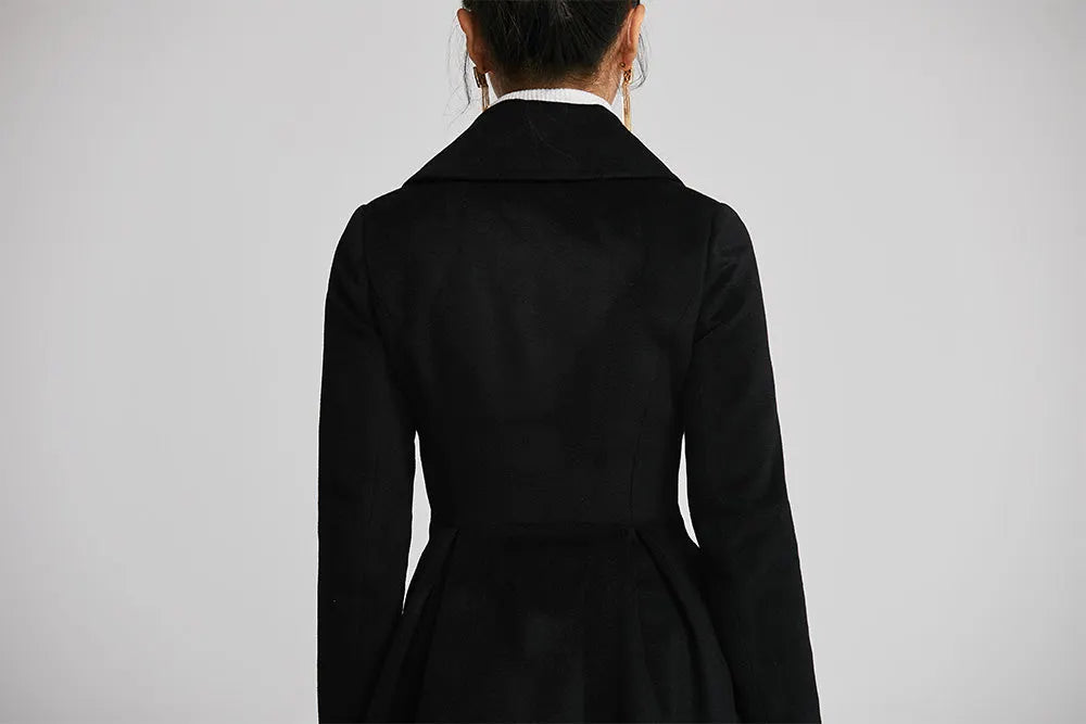 Black Wool Coat - Double-Breasted Fitted Winter Coat with Pockets 2258