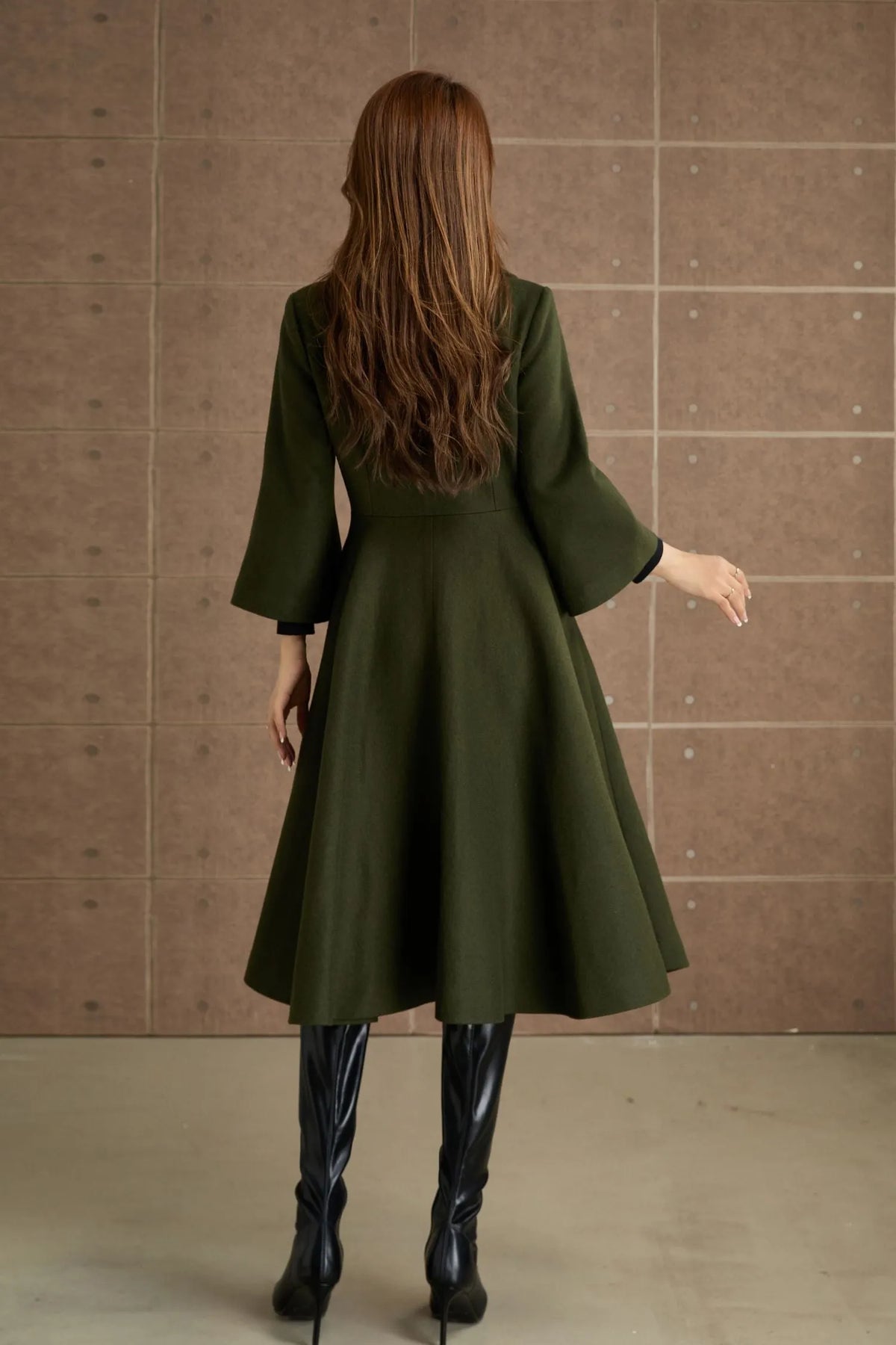 Green Wool Princess Coat - Fit and Flare, 3/4 Sleeves 5364