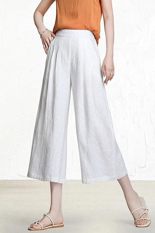 Yellow Linen Wide Leg Pants - Back Elastic Waist, Front Pockets 3523