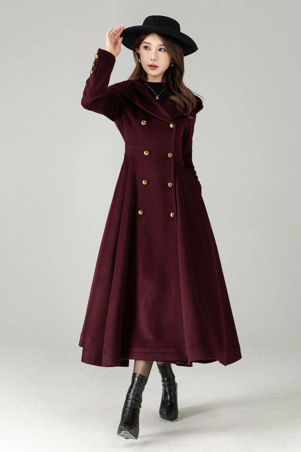 Hooded Burgundy Wool Coat – Elegant Double-Breasted Long Swing Coat 