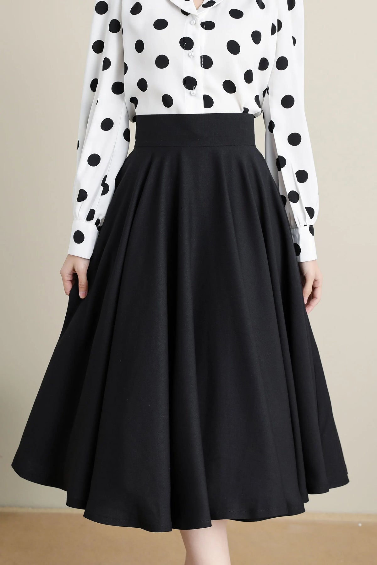 Black Cotton Linen Midi Skirt - High Waist Circle Swing 