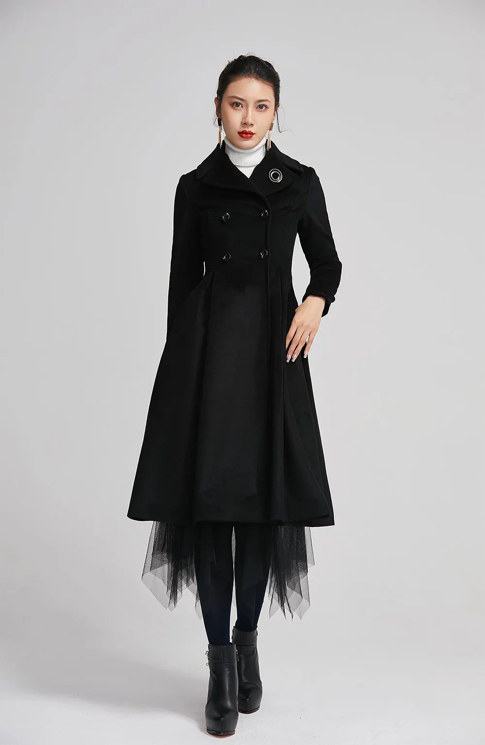 Black Wool Coat - Double-Breasted Fitted Winter Coat with Pockets 2258