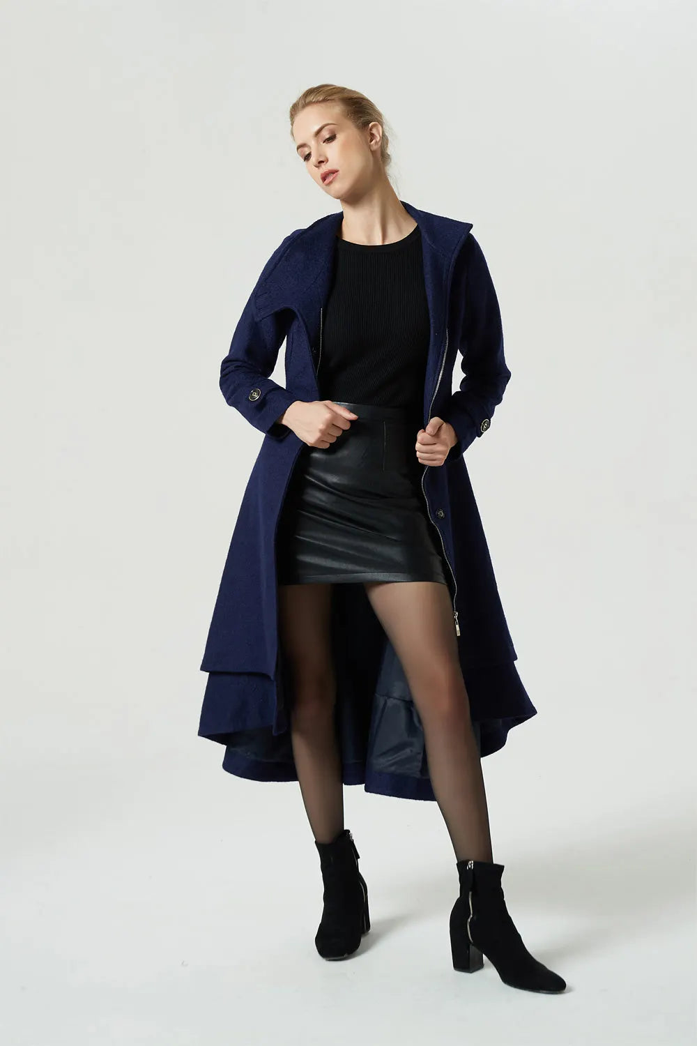 Vintage Wool Coat for Women – Handmade Navy Asymmetrical Belted Long Winter Coat 