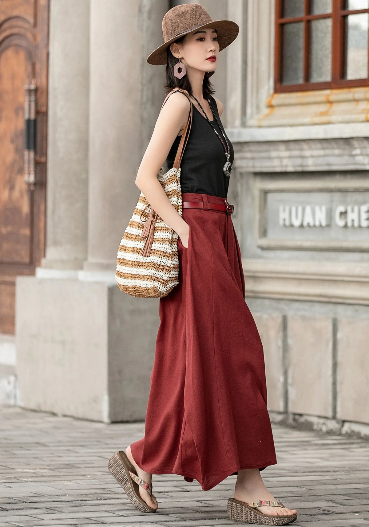 Handmade Linen Maxi Skirt – Red Asymmetrical Long Skirt for Women 