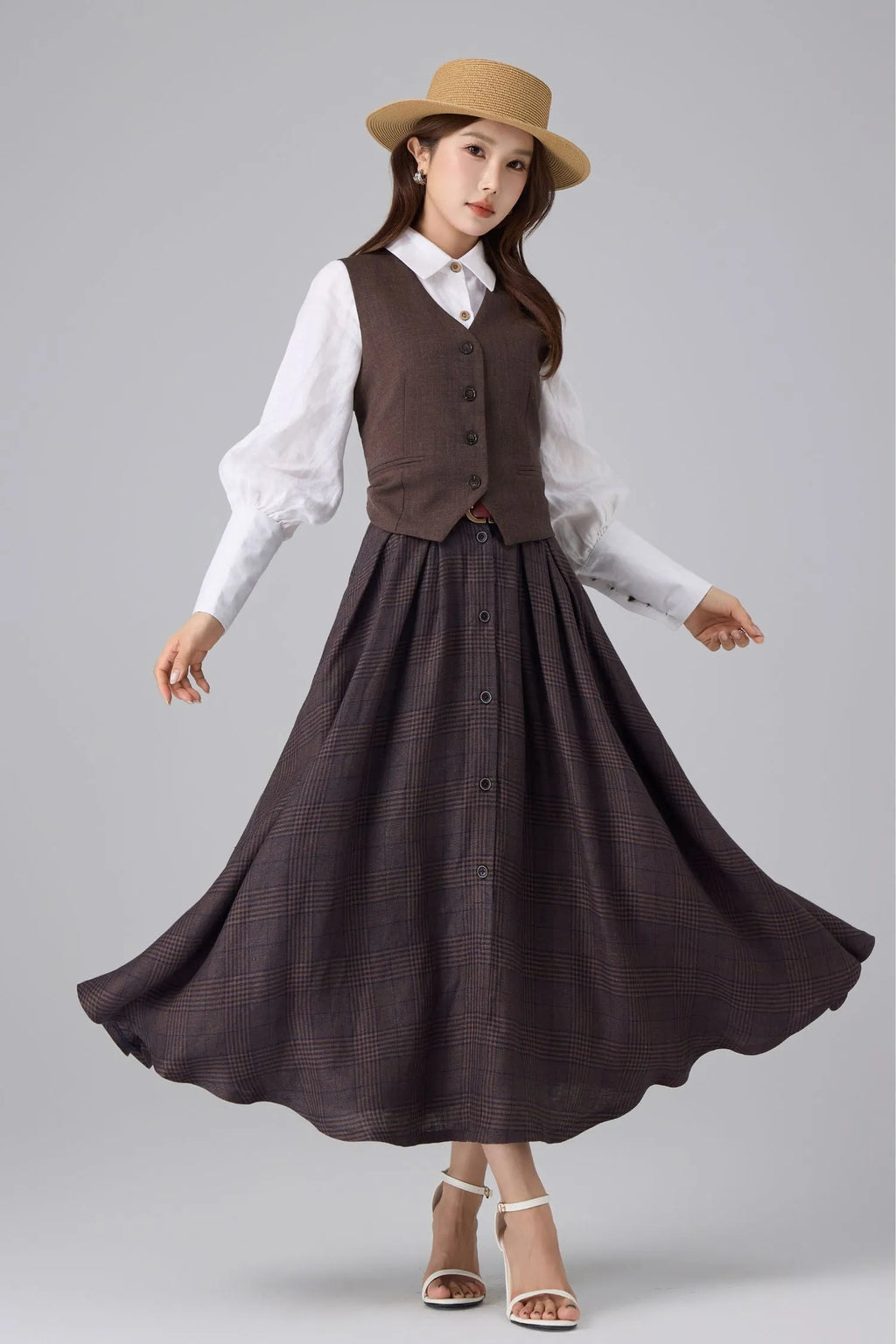 Brown Linen Cotton Skirt - Plaid High Waist 